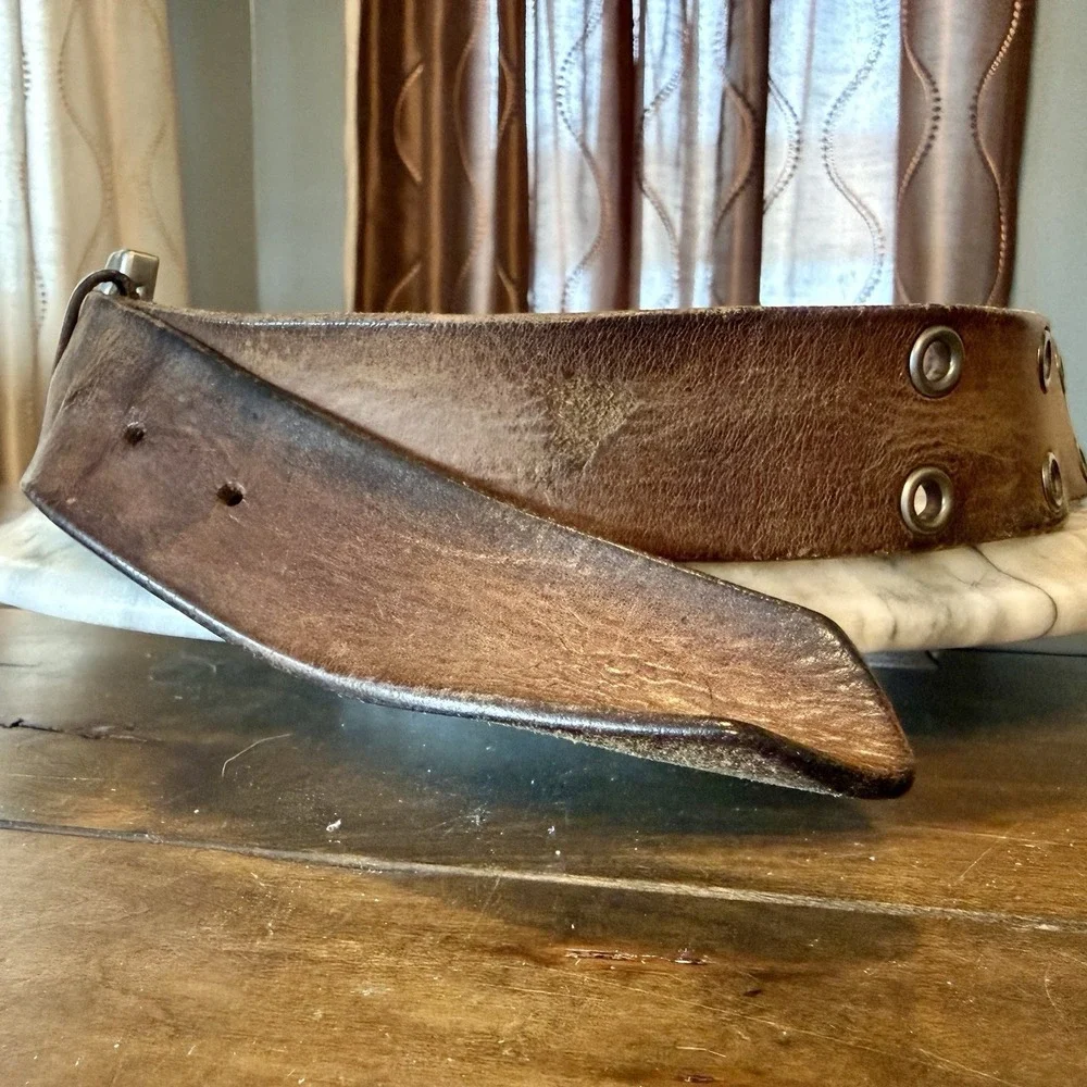 VTG 90s Y2K American Eagle Brown Leather Weathered Silver Grommet Belt Sz 34-40